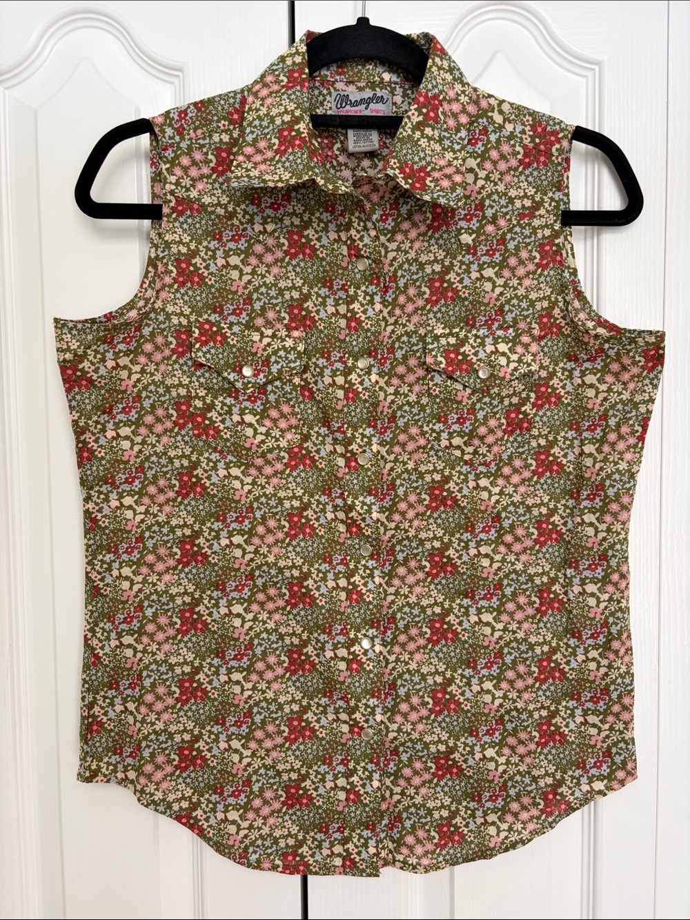 Wrangler Wrancher Olive Floral Sleeveless Button-Down Cotton Shirt Western S